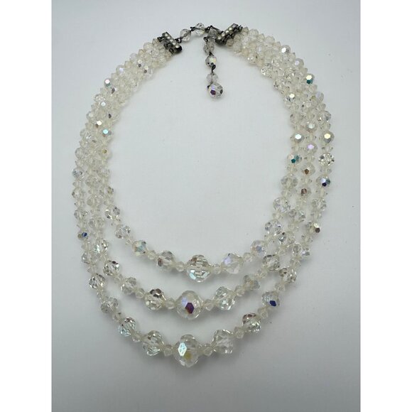 1950s vintage triple 3 strand faceted aurora borealis glass beaded necklace - Picture 2 of 10